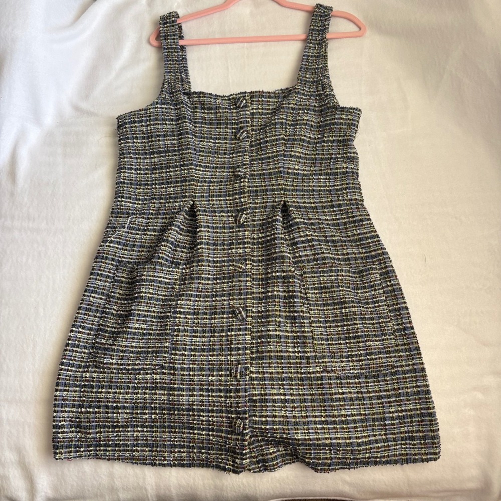 Free People Maxx Mini Shift Dress Tweed Multi Color Button Front Sleeveless L